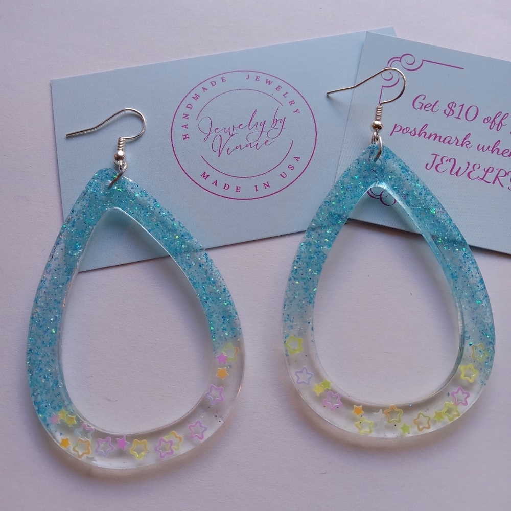 Hand Crafted Blue Glitter Teardrop Earrings